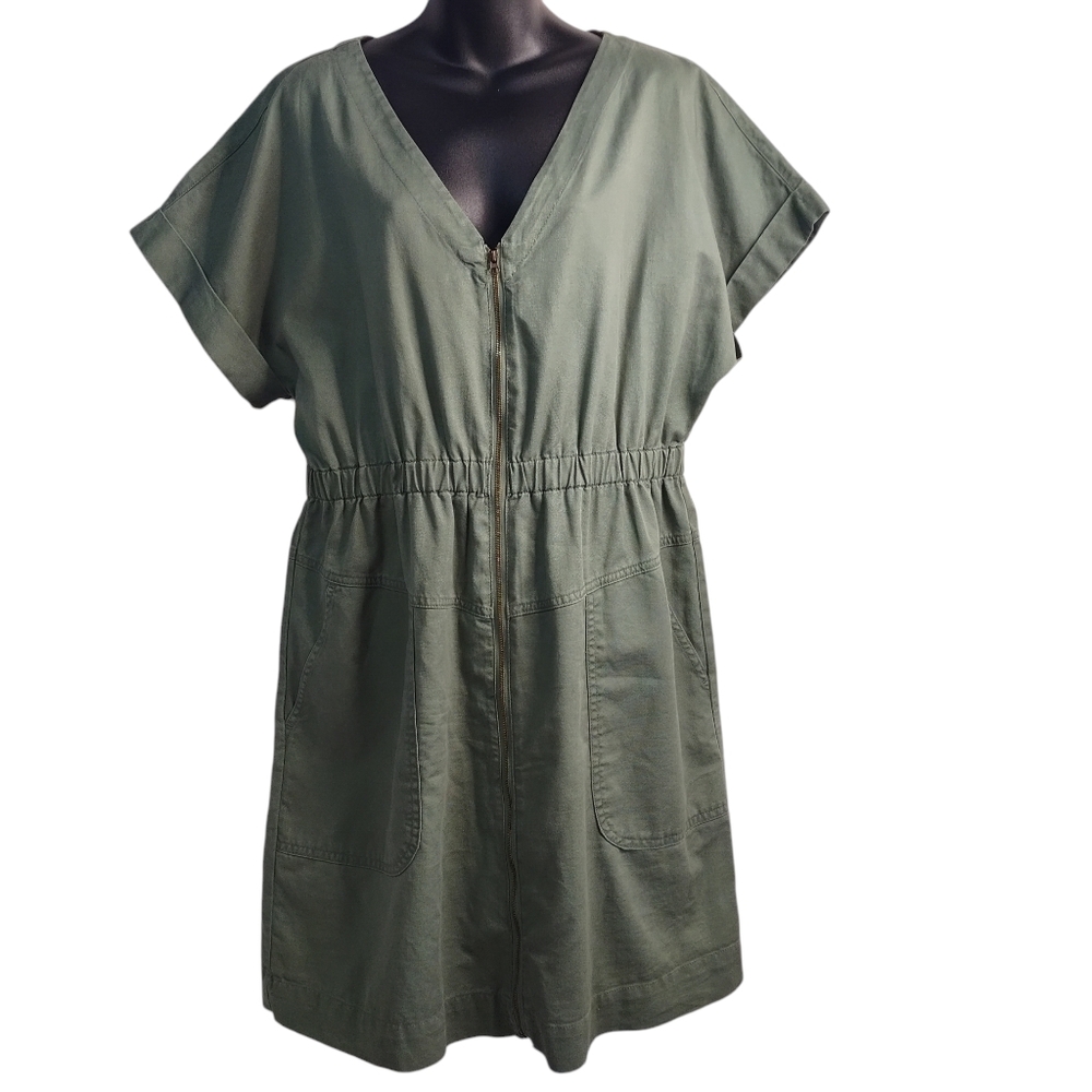 Universal Thread Green V-Neck ZIP Up Shortsleeve Elastic Waist Dress Size L